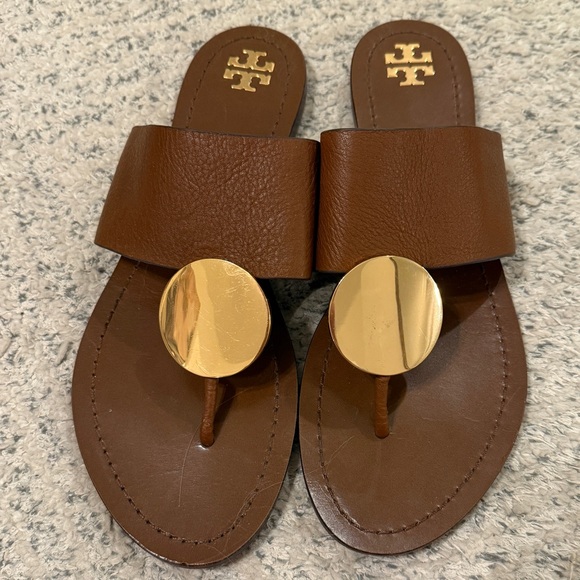 Tory Burch Patos Disk Womens Flip Flops Sandals Size 10 Brown Leather - Picture 2 of 5